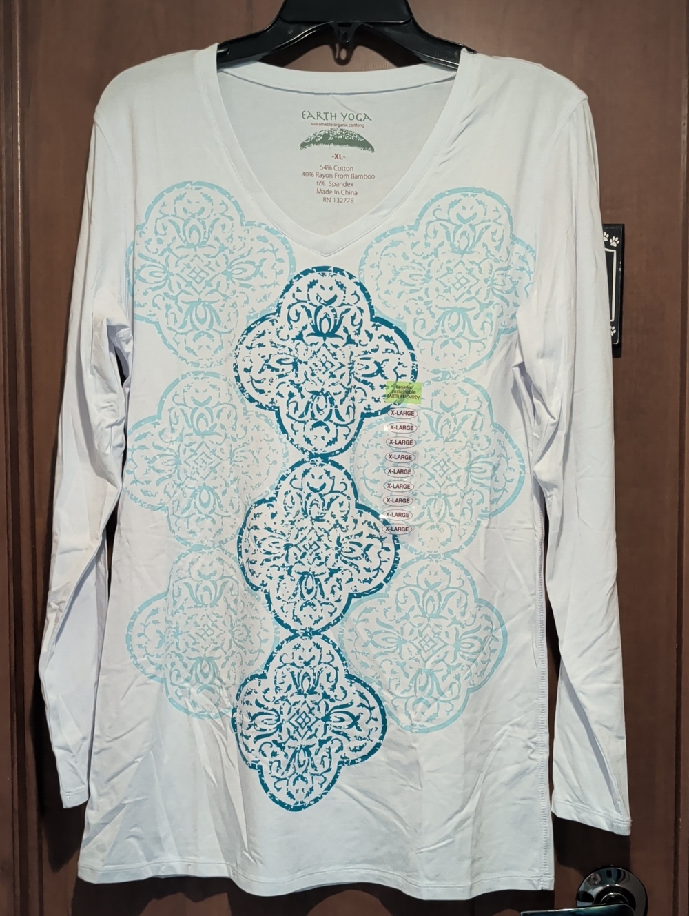 Earth Yoga White Long Sleeve Tee with Teal Blue Medallion Print